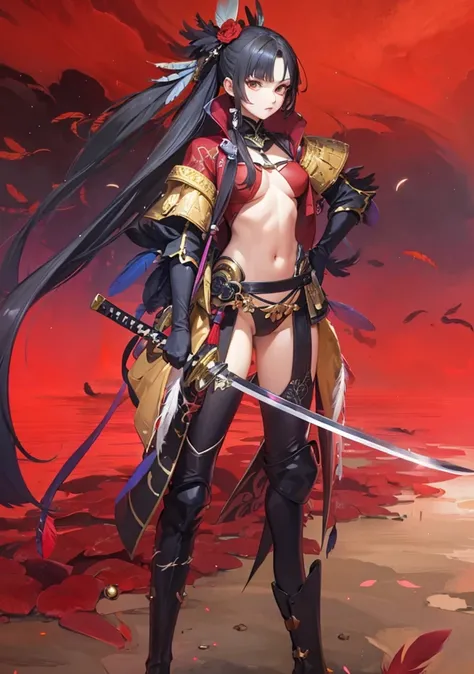 anime girl with sword and armor standing in front of a red sky, shalltear bloodfallen, katanas strapped to her back, ayaka genshin impact, katana zero video game character, from the azur lane videogame, cushart krenz key art feminine, holding a sword on he...