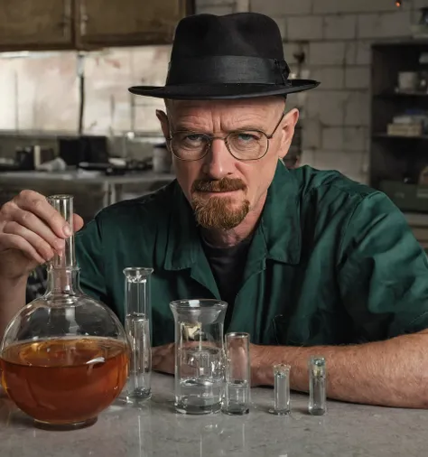 Crie um laboratório de metanfetamina realista no estilo breaking bad com um homem careca com um chapéu preto e Jaleco 🥼 de costas pra câmera com um tom Verde e sombrio 