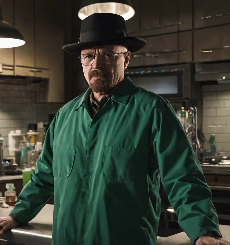 Crie um laboratório de metanfetamina realista no estilo breaking bad com um homem careca com um chapéu preto e Jaleco 🥼 de costas pra câmera com um tom Verde e sombrio 