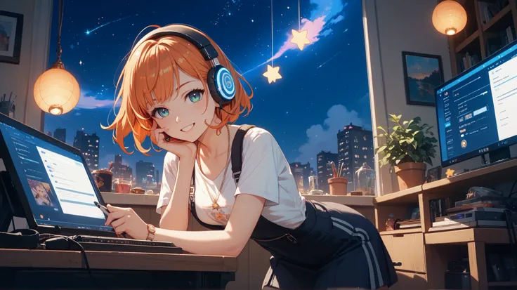 Girl working on PC while listening to jazz with headphones against a night sky with floating stars in the background　live-action