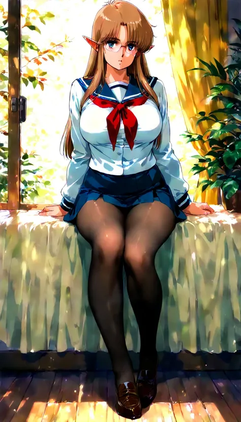 1980s (style), Japanese anime style, 1woman, solo, middle-hair, light-brown-hair, straight-hair, pointy ears, large breasts, school uniform, Mini Skirt, pantyhose, loafers,glasses