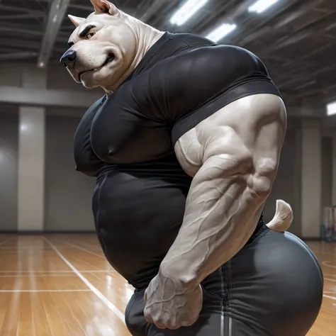 furry male, bara, mature male,
1boy, solo, abs, bara, bare pectorals, biceps, dog nose, white furry, furry male, detailed fur, white bulldog boy, bulldog tail, bulldog ears, older, looking at viewer, huge bodybuilder, (slightly chubby:0.75), muscular male,...