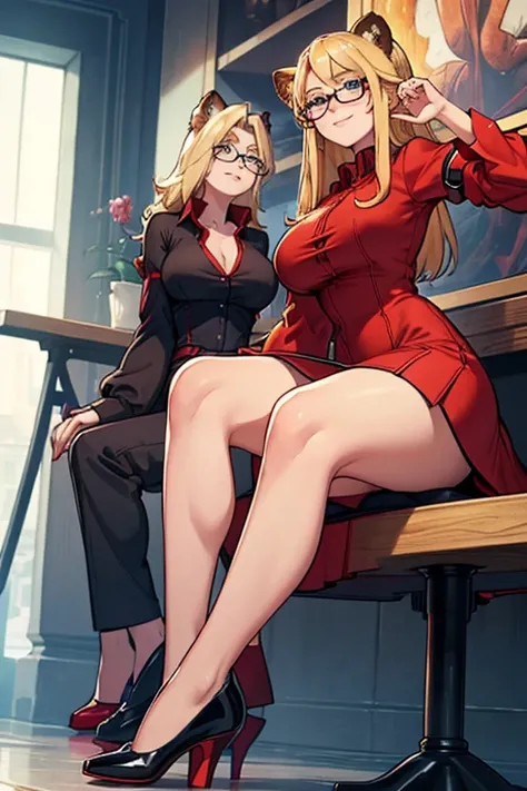 female, long blonde hair, blue eyes, blonde lion ears, (((1girl))), (((red dress shirt with sleeves rolled up))), (black dress pants), (black heeled shoes), (black glasses), cute and sexy, full body, huge breasts, long legs, smiling