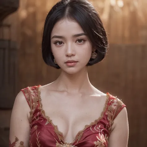  Production , (one person), ( Realistic Image of 25-Year-Old Female Model ), (Black Short Bob Hair :1.6), ( Pale skin :1.4), ( Wearing a Red Kebaya Dress Embellished with Silk Fabric:1.6), (serious face ), ( low cleavage ), ( elegant pose  :1.4), Centered ...