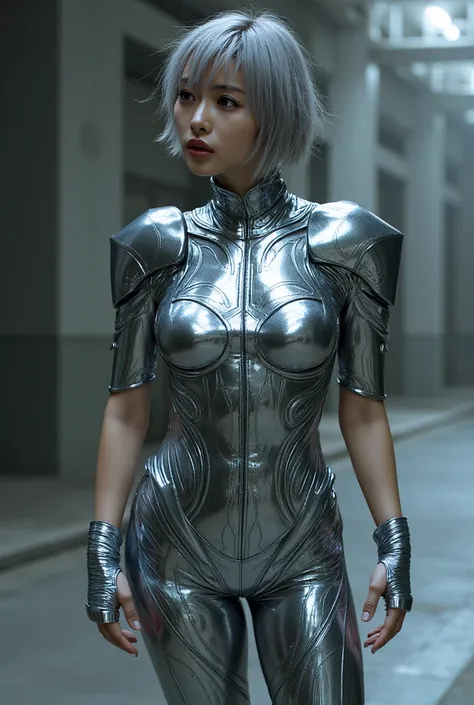 woman、metal、Silver、whole body，metalタイツ， short hair，Gray Hair