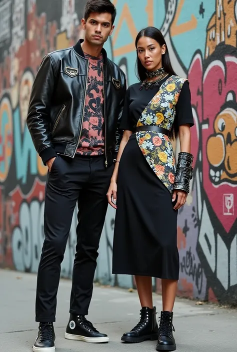 Graffiti Luxe
	•	Men:
	•	A fitted leather or bomber jacket with subtle, artistic graffiti patches or abstract embroidery.
	•	Underlying graphic mesh or technical fabric tops that peek through.
	•	Tailored tech-fabric trousers and statement high-top sneaker...