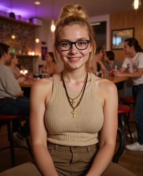 House-Party, sitting on a bar stool,( photorealistic:1.34), full figure, ( super wide angle shot ),  The viewer sees her from the front , A fifteen-year-old woman with very light blond hair, Space-bun hairstyle, with blue eyes, from Russia, short forehead ...