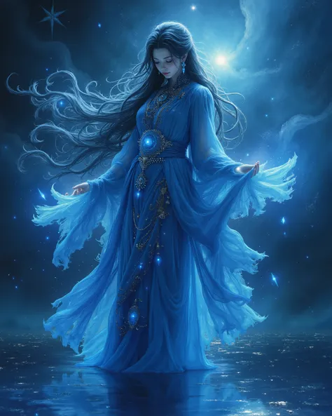 Yoshitaka Amano、 final fantasy \(series\), ( Science Fiction :1.1), ( very long glowing hair:1.1), (glowing vortex:1.2), ( skindentation:1.1), universe, universe雲, black hair, (beautiful blue priestess costume :1.1), (A shrine maiden who fancifulously pur...