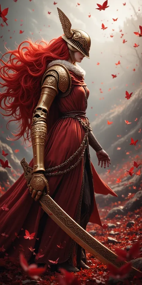 A fierce and breathtaking scene of MaleniaNorm, the legendary female warrior, poised in the midst of battle. She stands confidently, her slender figure clad in intricately detailed golden and crimson armor, covered in elegant, thorn-like motifs. Her long, ...