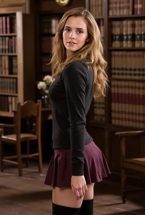 Hermine Granger, typical Gryffindor outfit,  tight top,  mini skirt, high stockings, high-heeled ankle boots, in the Hogwarts library,  looks at the camera 