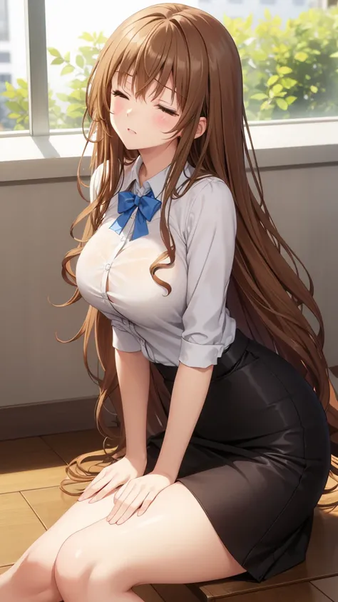 long brown hair, curly hair, large breasts, masterpiece, best quality, high resolution, beautiful detailed eyes, extremely detailed face, good lighting, detailed CG, messy hair, blouse, pencil skirt, one eye closed, upset, school corridor, sitting on the f...