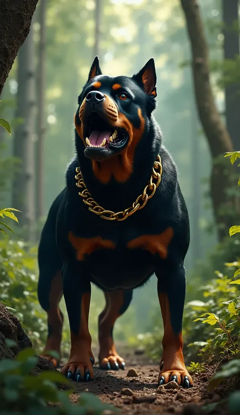 Rottweiler,muscular look, golden chain around neck, barking wild , in a forest