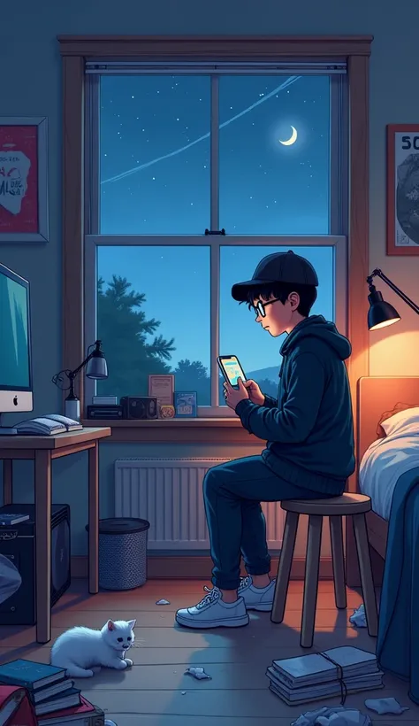 make an image of a teenager's room, a boy sitting facing forward on a stool, looking at his cell phone, wearing prescription glasses, a black cap and jacket, jeans and white sneakers, with some books on the floor, just 1 white kitten lying on the bed, a me...