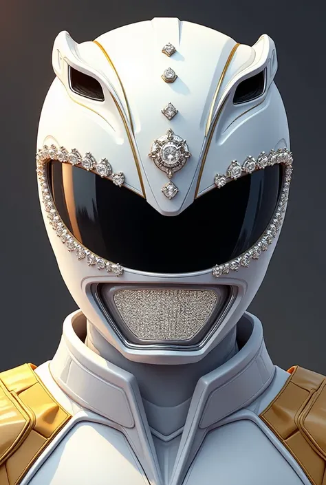 A front-facing, high-detail illustration of a White Ranger-inspired helmet with diamond grillz. The helmet features a sleek white and gold design with embedded diamonds, a polished metallic finish, and a reflective visor. The mouthpiece is replaced with sp...