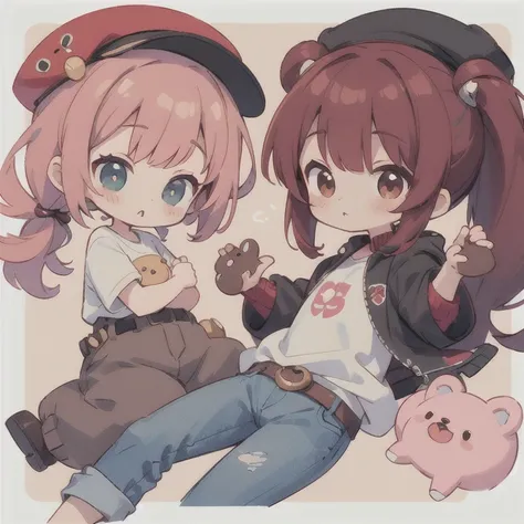 cute design, red strawsﾄStraight long hair that extends to the waist　　black short sleeve jacket　Brown and black horizontal T-bar、 jeans　 chibi, deformed　 plain background　 1 girl,Alu hair up to the waist, burgundy red hair　,  chibiキャラ　　Put on a cute pink b...