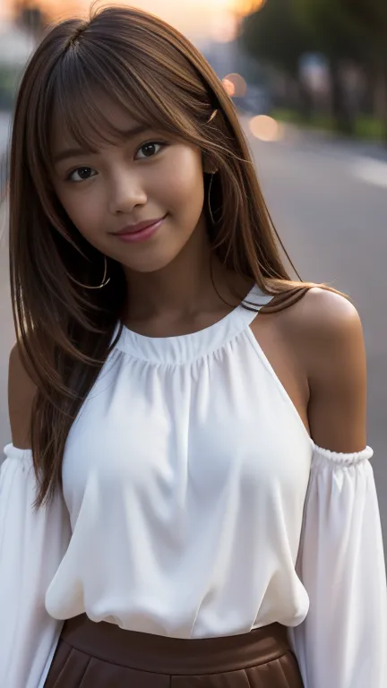  masterpiece,  top quality,  Ultra High Resolution,  super precise,  sharp concentration,  1 girl, Alone,  Stunning Beautiful and Cute, Age 19,  Watch viewers:1.3, (bright smile:0.6),   under dramatic light   ( blouse), dusk, sunset,   night ,  by Nomi, sl...