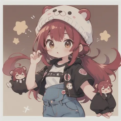 cute design, red strawsﾄStraight long hair that extends to the waist　　black short sleeve jacket　Brown and black horizontal T-bar、 jeans　 chibi, deformed　 plain background　 1 girl,Alu hair up to the waist, burgundy red hair　,  chibiキャラ　　Put on a cute pink b...