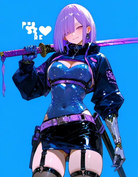     masterpiece、最      high quality  、      high quality  、     so beautiful、      absurd、    latest、  girl、      long shiny purple hair、devil 、      gal、    earrings、   blue cybersuit  、  latex suit riding in a balloon 、Cross Top、  mini skirt、      short ...