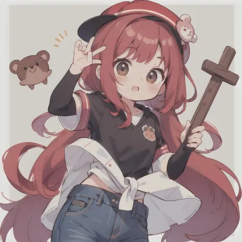 cute design, red strawsﾄStraight long hair that extends to the waist　　black short sleeve jacket　Brown and black horizontal T-bar、 jeans　 chibi, deformed　 plain background　 1 girl,Alu hair up to the waist, burgundy red hair　,  chibiキャラ　　Put on a cute pink b...