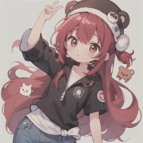 cute design, red strawsﾄStraight long hair that extends to the waist　　black short sleeve jacket　Brown and black horizontal T-bar、 jeans　 chibi, deformed　 plain background　 1 girl,Alu hair up to the waist, burgundy red hair　,  chibiキャラ　　Put on a cute pink b...