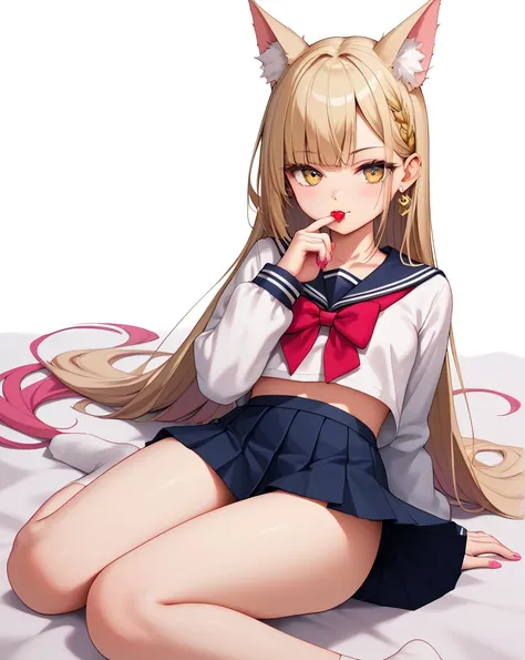  masterpiece, top quality,4K，  、beast_ear、 big_ear、 1 girl,Alone,yellow_eye,black_hair,School_uniform, close_mouth,length_hair, accurately _in_viewer, skirt,white_background, pink_Nails,Nail_polish, simple_background,Sailor_ color、