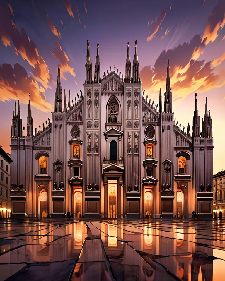 super fine illustration, best quality, Milan Duomo, grand Gothic architecture, intricate marble facade, golden sunset reflection, warm glowing light, cobblestone square, long dramatic shadows, deep orange and purple sky, soft drifting clouds, majestic and ...