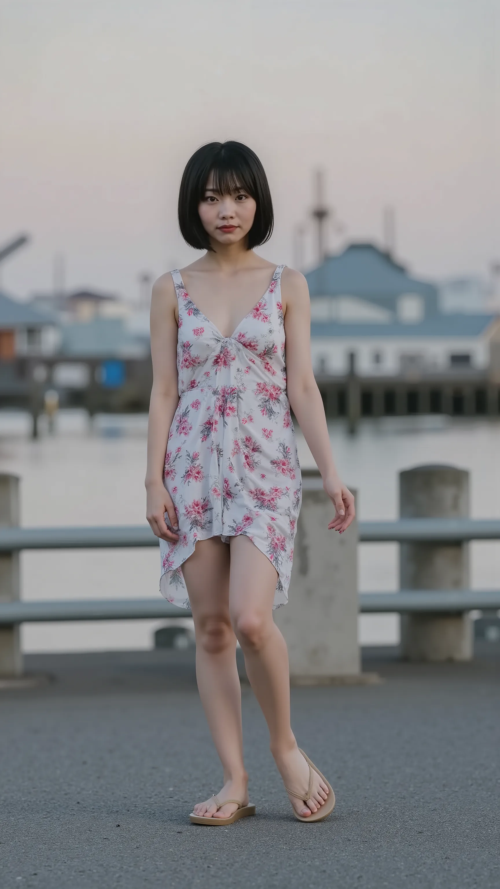 A high resolution photograph of a Japanese young woman, photo-realistic, realistic, masterpiece, amazing quality, 8k, extremely detailed, intricate details, sharp focus, professional lighting, solo, 1girl, standing, bob cut black hair with blunt bangs, pal...