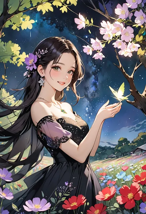 Rich ink painting 、  top quality 、  masterpiece、   high image quality 、  Official Art、  young, graceful and beautiful woman、 Perfect Face 、Brown-black long hair  、  perfect style、 wearing a light purple transparent dress 、  earrings、  necklace、  look at me...