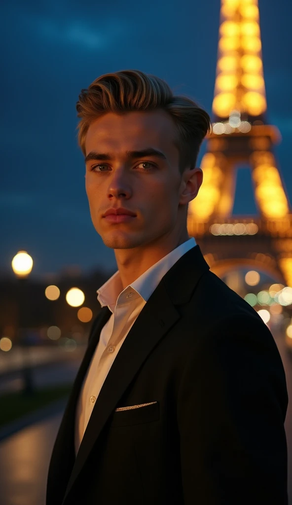 create a high-quality photo for me, where a handsome blonde guy with green eyes, 19, stands in front of the Eiffel Tower in Paris at night