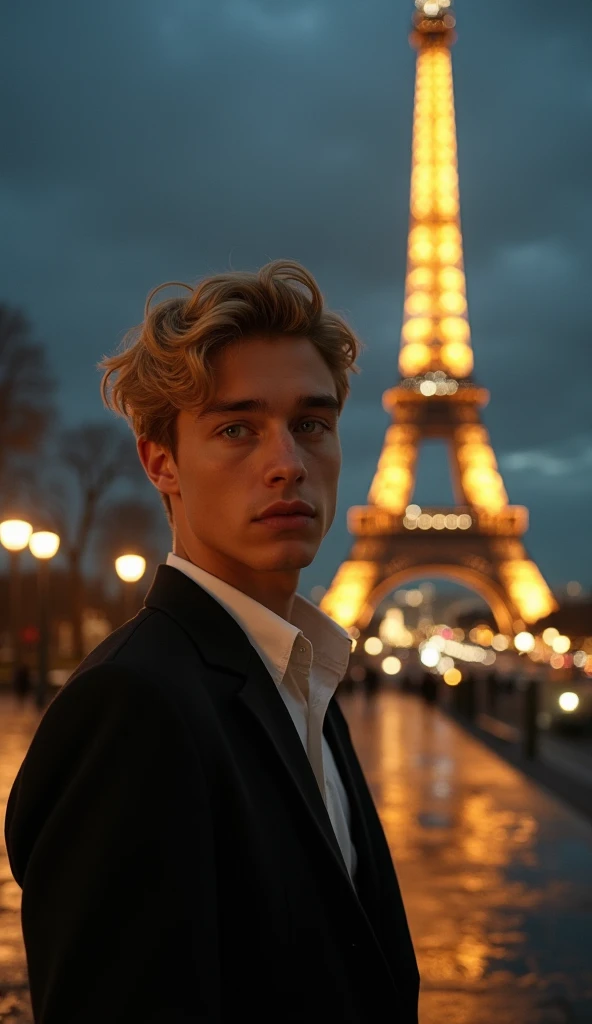 create a high-quality photo for me, where a handsome blond guy with green eyes, 17, stands in front of the Eiffel Tower in Paris at night