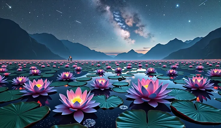    make a space garden    . 3D image 9k    ,超     high image quality  ,      high image quality  ,    high quality ,  Spectacular Scenery  ,   Majestic Pure Paradise    ,((Heaven)),((( A large group of huge and very   beautiful lotus flowers that fill the ...