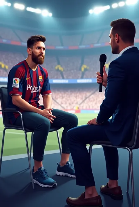 "A realistic digital illustration of Lionel Messi sitting on a stage during a professional sports interview. He is wearing a stylish casual outfit, with a focused yet relaxed expression. A journalist, dressed in a formal suit, is sitting across from him, h...