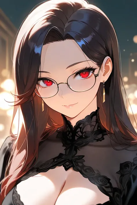 ((best quality)), ((masterpiece)), 1girl, long dark parted hair, cute red eyes, elegant look, glasses, dark hair color