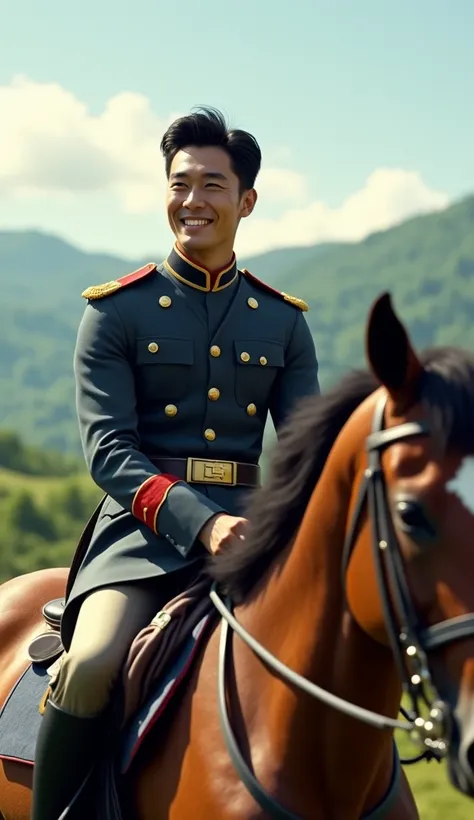 (photorealism:1.2),  very Handsome japanese man, 22-27 year-old, army in UK, riding a Horse, smile