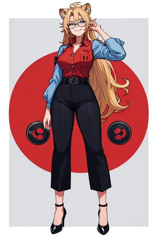 female, long blonde hair, blue eyes, blonde lion ears, (((1girl))), (((red button up shirt with sleeves rolled up))), (black pants), (black heeled shoes),(black belt),  (black glasses), cute and sexy, full body, huge breasts, long legs, smiling