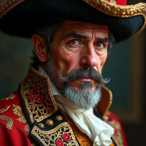 Creates for me the image of a rich, elegant, middle-aged man with a strong Spanish character, wearing Spanish national costumes, close-up of his face.