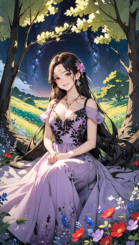 Rich ink painting 、  top quality 、  masterpiece、   high image quality 、  Official Art、  young, graceful and beautiful woman、 Perfect Face 、Brown-black long hair  、  perfect style、 wearing a light purple transparent dress 、  earrings、  necklace、  look at me...