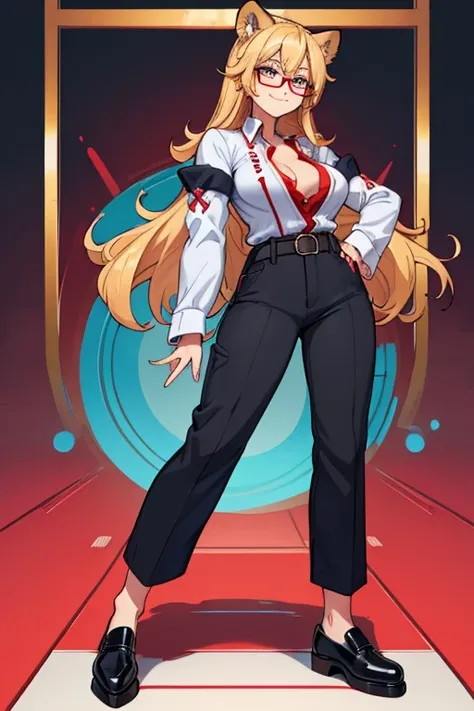 female, long blonde hair, blue eyes, blonde lion ears, (((1girl))), (((red button up shirt with sleeves rolled up))), (black pants), (black shoes),(black belt),  (black glasses), cute and sexy, full body, huge breasts, long legs, smiling