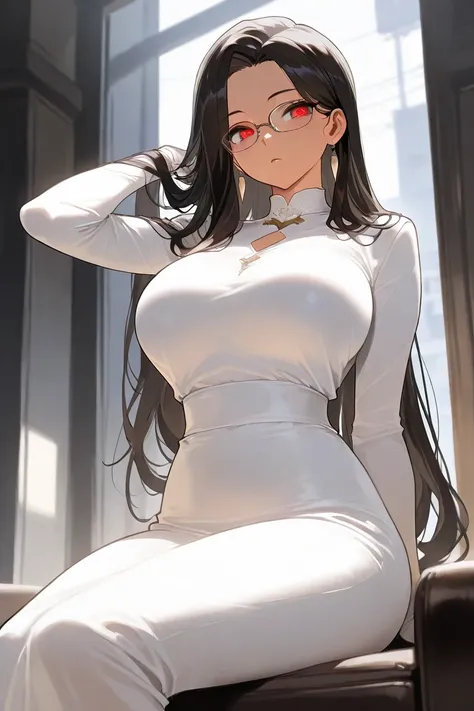 ((best quality)), ((masterpiece)), 1girl, long dark parted hair, cute red eyes, elegant look, glasses, dark hair color, fullbody pose