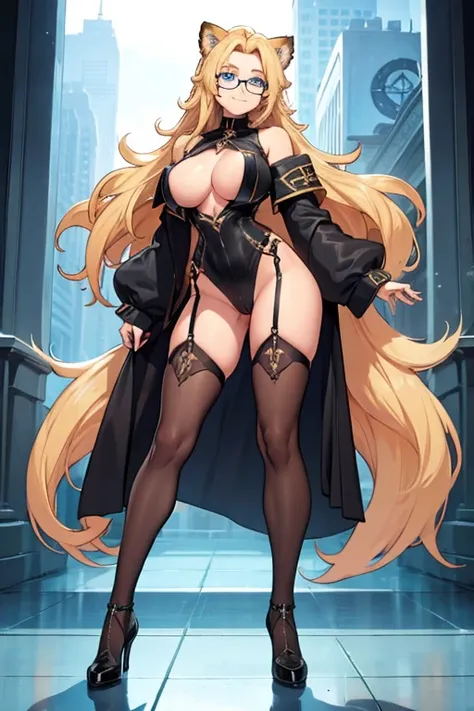 female, long blonde hair, blue eyes, blonde lion ears, (((1girl))), (((black glasses))), naked, cute and sexy, full body, huge breasts, long legs, smiling