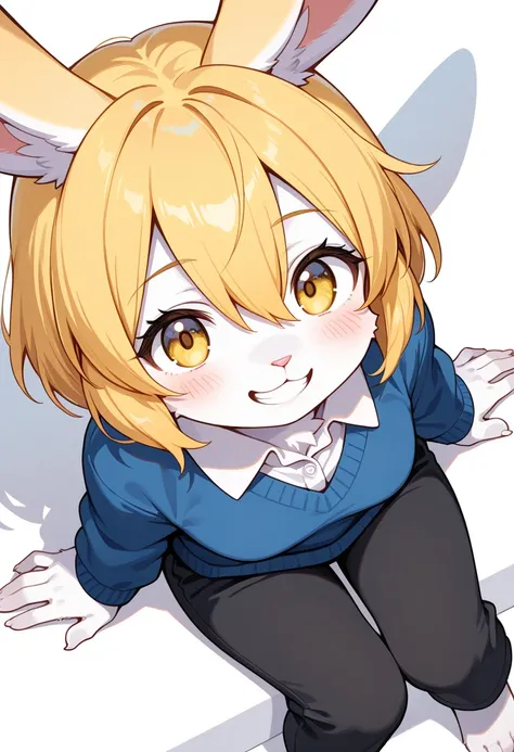 1girl, (furry, kemono:1.4), rabbit girl, animal nose, rabbit ears, solo, blonde hair, pants, smile, black pants, shirt, white background, barefoot, sitting, looking at viewer, yellow eyes, white shirt, simple background, short hair, blush, hair between eye...