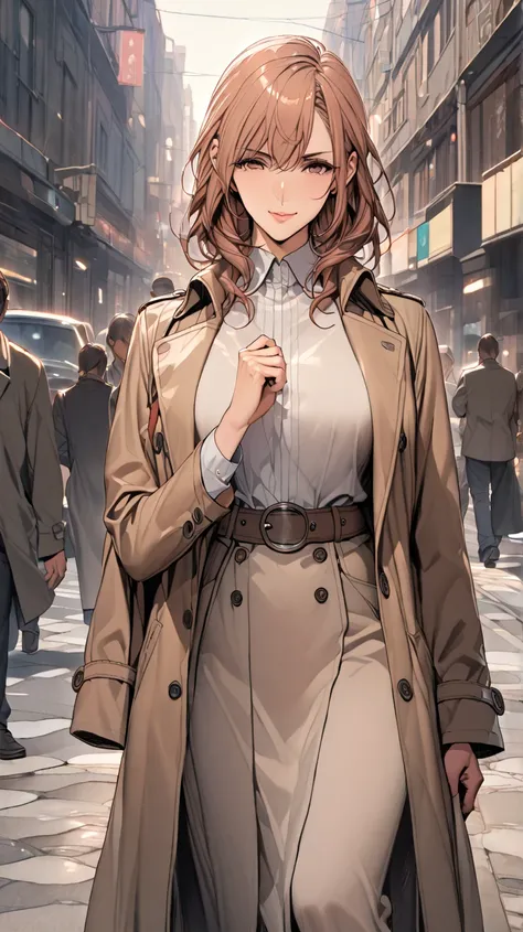 A mature woman with long chestnut hair and a trench coat.front view