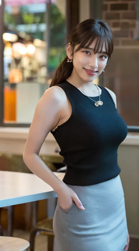  top quality, very well detailed,finely, high res,  8k Wallpaper, perfect dynamic composition,Cafe,whole body, is standing,Front ,  black sleeveless knit ,   White Tight Skirt ,  straight long hair , bangs separated by the center,finelyて美しい目, natural lips ...