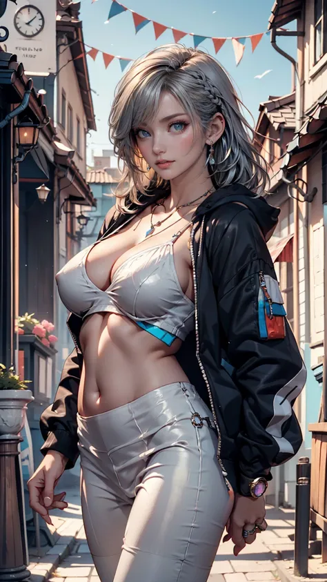 , Colossal,  twin tails,  Silver Hair,  hoodie,  vintage gothic,  pose ,  cute,  face up from the front ,  high quality,  necklace, ring,  bracelet,  earrings、 full body photo、 Underboob Top（Underboob Top）、 Silver Hair、 side braid 、Underboob visible、Belly ...