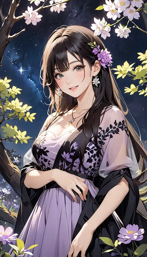 Rich ink painting 、  top quality 、  masterpiece、   high image quality 、  Official Art、  young, graceful and beautiful woman、 Perfect Face 、Brown-black long hair  、  perfect style、 wearing a light purple transparent dress 、  earrings、  necklace、  look at me...