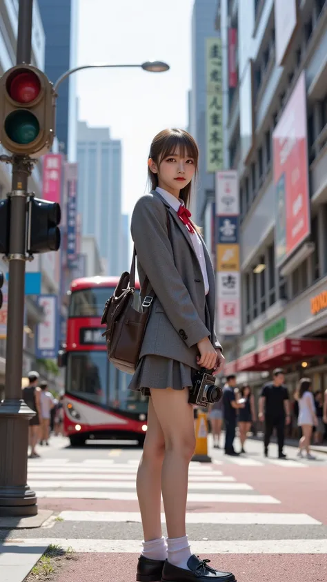ultra-realistic, photorealistic, dramatic scene, shadow, global-illumination, solo, (age Japanese famous idol girl), very beautiful fragile Japanese girl, very beautiful with very cute but boyish cool face, (very large breasts), slim waist, (wearing a gray colored Japanese high school cute uniform of white shirt with blazer and skirt), (red ribbon), (very large breasts), wearing loafers with navy socs, a girl is standing with a classical Rolleiflex TLR camera hanging around her neck, a girl is looking at Chungking Mansions located in Tsim Sha Tsui in Hong Kong, signalized intersection with a crosswalk, bustling with people, chaotic yet vibrant atmosphere, low-rise floors with electric billboards, lively environment, sunny day, shoot from below, Hong Kong double decker bus, shoot from side