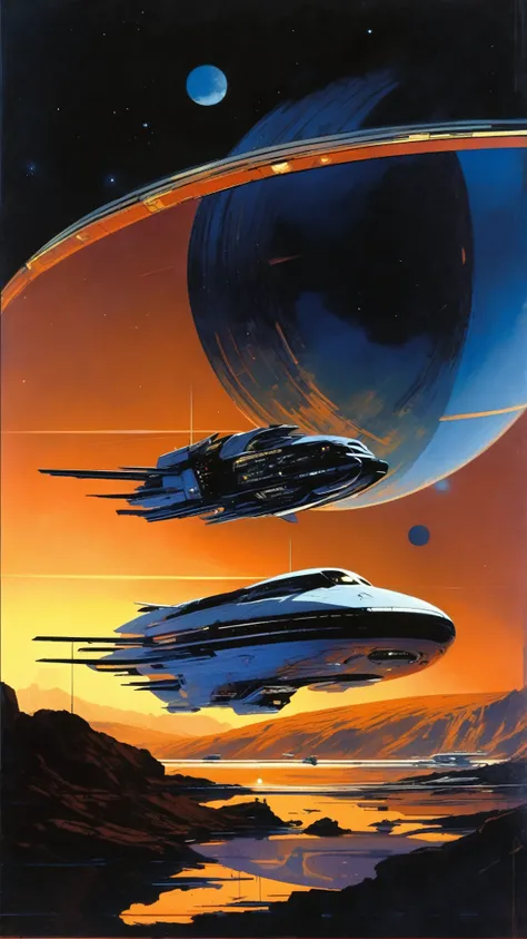 Masterpiece, highest quality, very detailed, absolute resolution, high resolution, highest quality, 8K, John Harris and syd mead Style, minimalist style - A intergalactic Spaceship flying in the deep dark galaxy ,John Berkey 