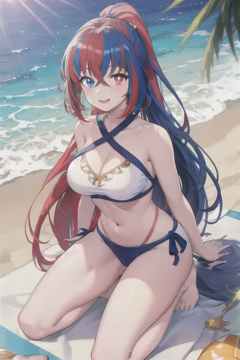 (extremely detailed CG),(best quality),1girl,perfect face,bright pupils,(finely detailed beautiful eyes),very long hair,shiny skin,lustrous skin,wide hips,narrow waist,alear \(fire emblem\),heterochromia,crossed bangs,split-color hair,ponytail,full body,su...