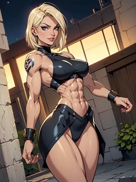 A gorgeous and stunning superheroine ((fighting on the battlefield, action pose)), smirking, smiling, dominant, challenging demeanor, smug, teasing, tall, statuesque, imposing, towering, biceps, triceps, ((eight pack abs, extremely defined abs)), double bi...