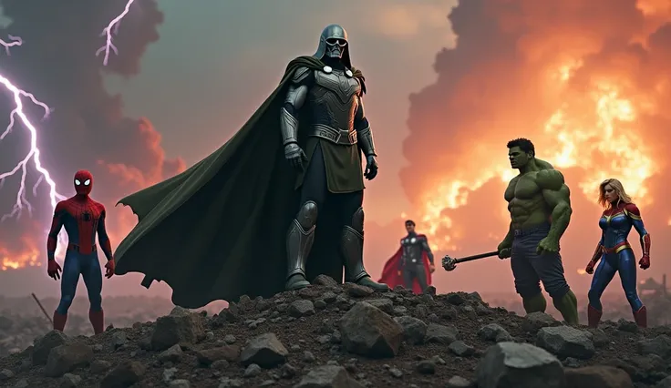  Doctor Doom is standing on a pile of wreckage ,  wearing his iconic armor and flowing cape . Around you,  surviving heroes prepare for battle :  a Spider-Man in a black suit with glowing eyes ,  a Thor holding two powerful weapons ,  a Captain Marvel eman...